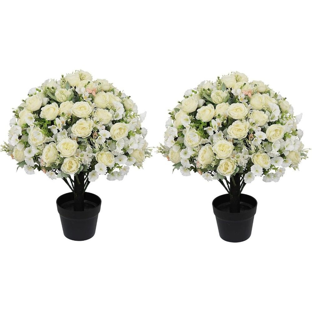 Set-2 Cream Artificial Flowers Blooms Eucalyptus Plants Cement Pots Accent Decor